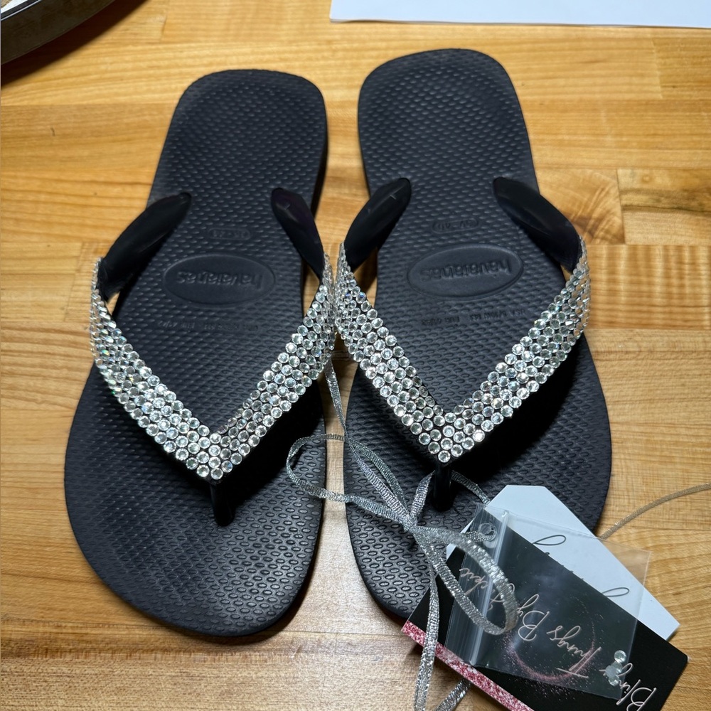 Havaianas Black Flip Flops with Swarovski crystals 9/10